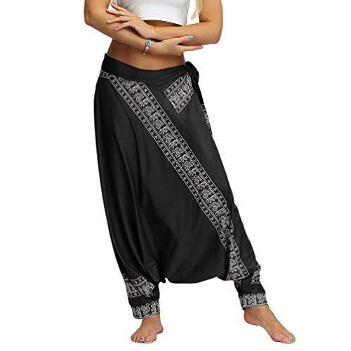 Haobing Femmes Boho Harem Pantalon Grande Taille Sarouel Plage Pantalon de Yoga avec Ceinture (Noir, Taille Unique) Cover