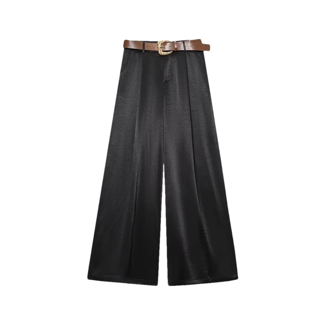 Pantalones de verano plisados de satén para mujer, de pierna ancha, con cinturón, cintura alta, color liso, pantalones ligeros