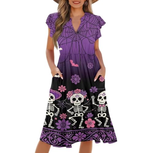 Image of Women's Casual Ruffle Sleeve Dress V Neck Pullover Dress Flowy A-Line Pleated Lightweight Dress with Pockets