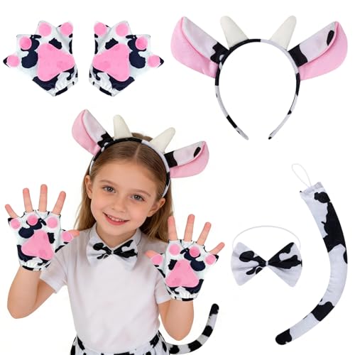 MLPKOI 4 peças disfarce de vaca, roupa de vaca, disfarces animais para crianças, com orelhas de vaca animal, de animal, laço e luvas, para Halloween carnaval Natal festa cosplay