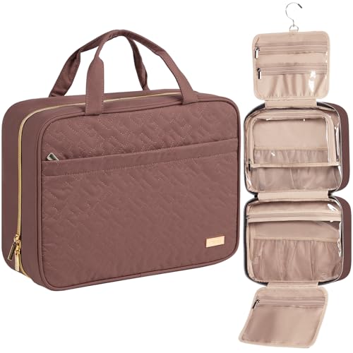 Image of NISHEL Travel Toiletry Bag for women, Portable Hanging Organizer for Family-Sized Shampoo, Conditioner, Brushes Set, Makeup Accessories, Extra Large Size, Rosewood-Pink
