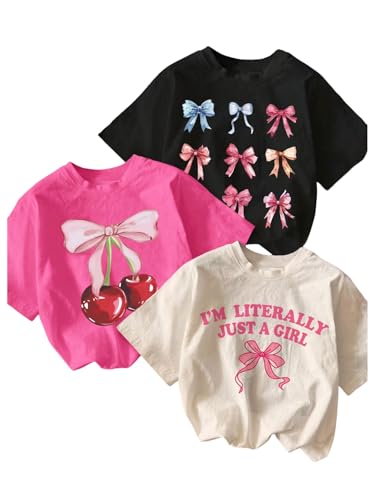 Image of SHENHE Girl's 3 Pack Cute Graphic Tees Cherry Bow Print Aesthetic Short Sleeve Shirt Tops