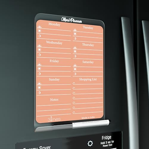 Image of 3 Lines ClearBite Acrylic Magnetic Meal Planner Board | Sleek & Durable | Includes Marker & Duster | 24x16 CM | Perfect for Meal Planning, Shopping Lists, Notes | Ideal for Home, Office | Apricot