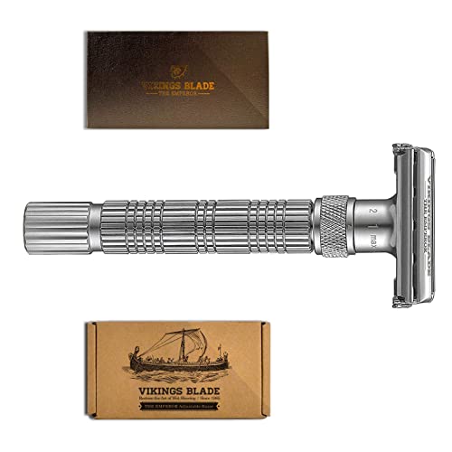 VIKINGS BLADE Adjustable Double Edge Safety Razor + Luxury Case. Smooth, Reusable, Eco-Friendly (The Emperor âFrosted Chromeâ)