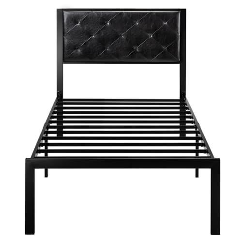 Image of Allewie Twin Bed Frame with Faux Leather Upholstered Headboard, Chic Diamond Stitched Tufted Design, No Box Spring Needed, Black