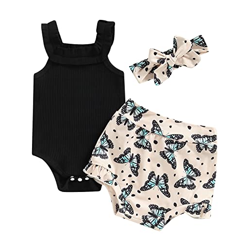 Image of 3pcs Toddler Girls Summer Outfits Ribbed Halter Crop Top Romper Bodysuit +Floral Bloomer Shorts+Headband Clothes Set
