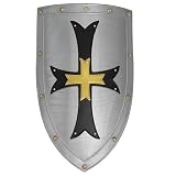 Armory Replicas Medieval Crusader Knights Templar Shield | Steel Shield with Black and Gold Cross Design | Leather Handle & Belt with Iron Roller Buckle