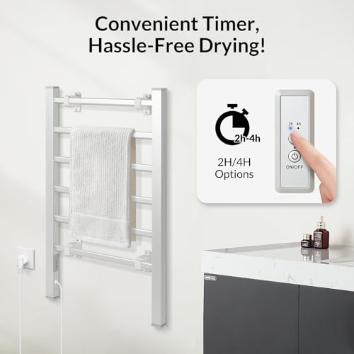 Todeco Handtuchheizkörper Elektrisch ohne Boren, 100W Badheizkörper mit Timer, Handtuchtrockner Elektrisch für Bad, Handtuchwärmer Bodenstehen & Wandmontage, 6 Stanges