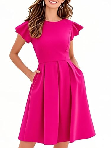Image of oxiuly Women's Flounce Sleeve Wedding Church Vintage Dresses Casual Floral Party Cocktail Work Dress with Pockets Fei376