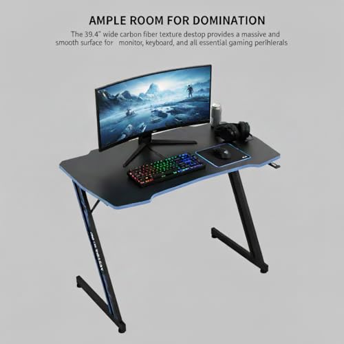 Image of 39 Inch Gaming Desk Z Shaped Computer Desk Large PC Gaming Table PVC Surface with Headphone Hook & Adjustable Feet for Teen