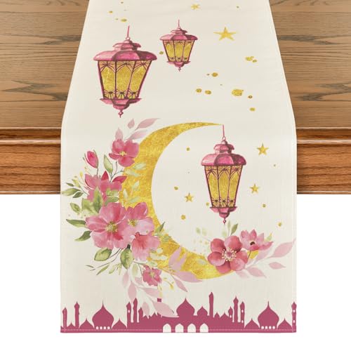 Artoid Mode Pink Moon Latern Floral Ramadan Table Runner, Seasonal Kitchen Dining Table Decoration for Home Party Decor 13x72 Inch