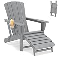 Polyhouz Folding Adirondack Chair with Retractable Ottoman,HDPE Outdoor Adirondack Chair with Cup Holder,All-Weather Lounge Chairs for Outside,Patio,Pool,Fire Pit,Grey