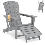 Polyhouz Folding Adirondack Chair with Retractable Ottoman,HDPE Outdoor Adirondack Chair with Cup Holder,All-Weather Lounge Chairs for Outside,Patio,Pool,Fire Pit,Grey