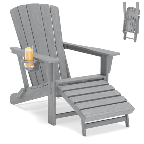 Polyhouz Folding Adirondack Chair with Retractable Ottoman HDPE Outdoor Adirondack Chair with Cup Holder All-Weather Lounge Chairs for Outside Patio Pool Fire Pit Grey