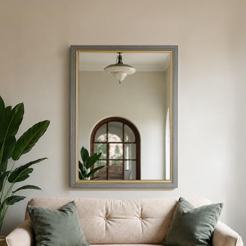 Image of Rousrie Premium Framed Glass Wall Mount Mirror, Decorative, for Bathroom, Bedroom, Living Room, Dressing Room, Wash Basin and Entryway (18 by 24 Inch) (Greyish)