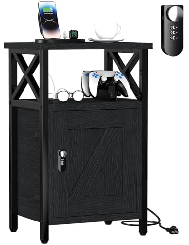 runjuly Wooden Nightstand with Charging Station, Bed Side Table with Drawers, Bedside Table with Lock, 3 USB & 2 Outlets, Night Stand with Storage, End Tables for Living Room, Bedroom, Dorm, Black