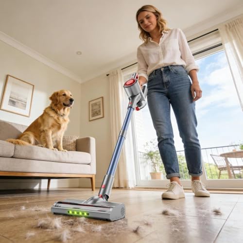 Image of Cordless Vacuum Cleaner, Powerful Stick Vacuum with Green Light Anti-Tangle Brush, Removable Battery, 6-in-1 Lightweight Handheld for Pet Hair, Carpet & Hard Floors, Red