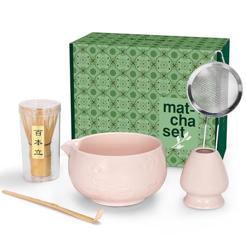Matcha Whisk Set, Ceramic Matcha Set Includes Matcha Bowl, Matcha Whisk and Holder, Bamboo Scoop, Sifter 5 Pcs Matcha Kit for Matcha Lovers (Light Pink)