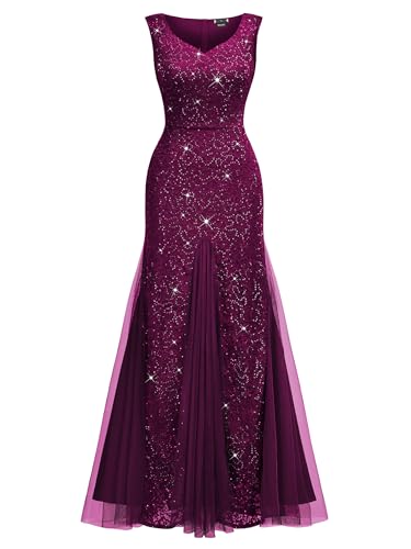 Image of Miusol Women's Elegant V Neck Sleeveless Sequin Lace Evening Party Dress