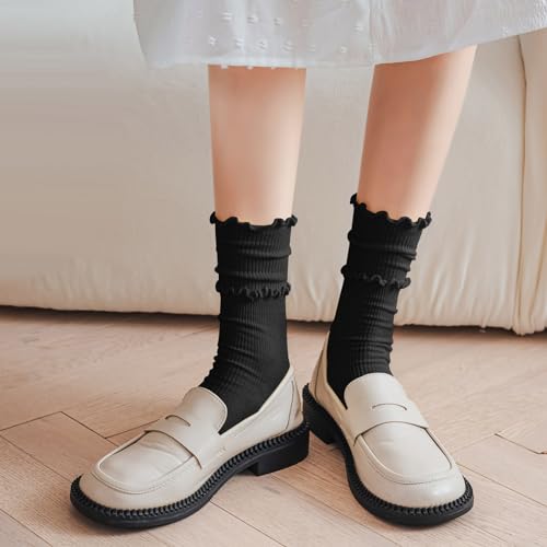 Image of zrylibya Women Cute Ruffle Frilly Socks Solid Candy Color Casual Rib Knit Crew Socks 4 Pairs (Black,White,Purple,Green)