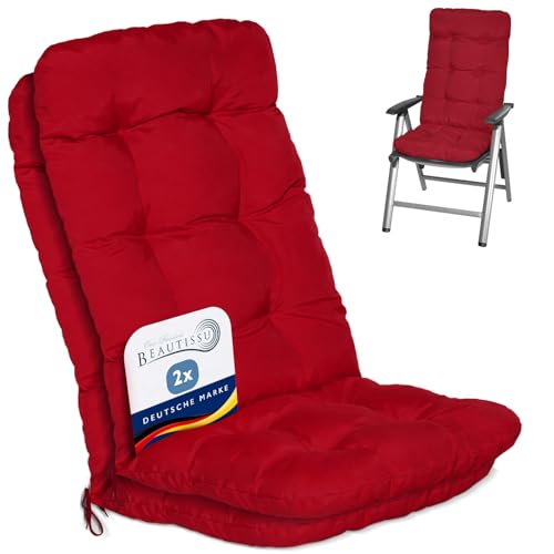Beautissu 2er Set Hochlehner Auflagen 120x50x8cm - Sitzpolster Set für Gartenstühle Outdoor Stuhlkissen hoch – Gartenstuhlauflage für Hochlehner in Rot - Flair HL
