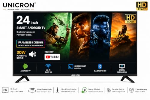 Image of UNICRON 24 inch smart tv Android Frameless HD LED TV | WiFi Enabled | Built-in Apps Compatible (YouTube, Netflix, Prime Video) | HDMI, USB Connectivity | Screenmirror | Slim & Stylish |