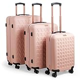 Beautify Lot de 3 valises légères à roulettes en plastique ABS avec coque rigide durable avec 4 roues pivotantes serrure et poignée intégrés sac fourretout petit moyen grand format Rose rose Multi