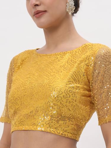 Image of studio rasa Women's Net Sequin Embroidered Sheer Sleeves Readymade Saree Blouse for Wedding Festive Party
