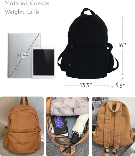 Image of Black Canvas Backpack for Women & Men Retro Aesthetic Rucksack Basic Backpack for High School /College Students Travel Laptop Bag
