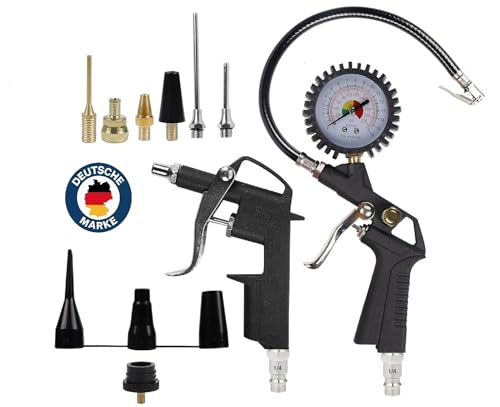 Druckluft-Kompressor-Zubehör – 13-teiliges Set mit strapazierfähiger Luftblaspistole, 130 PSI Reifenfüllmessgerät und Gummischlauch - 1/4 Bsp Euro-Schnellkupplung