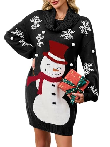SunnyMelody Womens Christmas Funny Ugly Sweater Dress Winter 2025 Vacation Outfits Oversized Turtleneck Xmas Mini Dresses