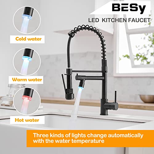 Besy 20 Inch Black Kitchen Faucet With Pull Down Sprayer, Dual Morden Commercial Rv Single Handle Single Hole Double Spout Led Spring Kitchen Sink Faucet With Pot Filler, Matte Black, Brass #TOP1