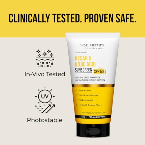 Dr. Sheth's Kesar & Kojic Acid Sunscreen with SPF 50 Pa++++ | For Pigmentation-Free Skin | No White Cast & Light Weight | For Daily Moisturization | For All Skin Types | 50 g