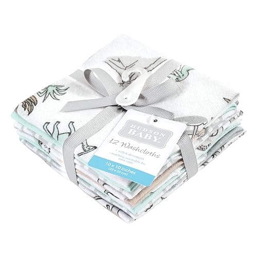 Image of Hudson Baby Unisex Baby Flannel Cotton Washcloths 12-Pack, Neutral Dino World, One Size