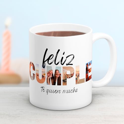 Imagen de Cristal Plaque Taza Personalizada para Parejas con Diseños Decorativos Feliz Cumple 5 Fotos y Mensaje Especial Regalo Original para Aniversarios y Cumpleaños