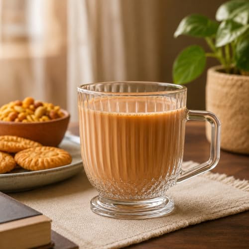 Image of IndusBay Fluted Glass Tea Cups with Handle [Pack of 6] (160ml) - Premium Crystal Clear Coffee Mugs, Vintage Ribbed Chai Glasses |Lead-Free & BPA-Free