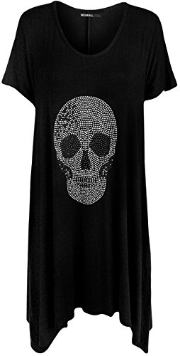 WearAll - Mujer Camiseta Calavera Caída Detalle en Lentejuelas Manga Corta - Negro - 48