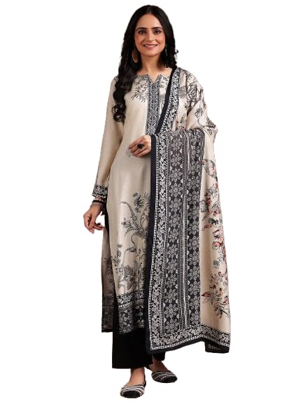 Womens Printed Silk Blend Straight Kurta with Trousers and Dupatta