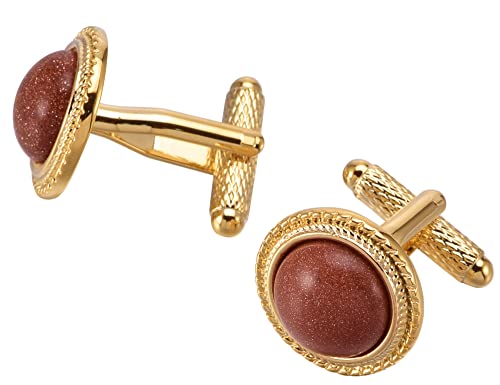 Jonwo Sparkling Red Goldstone Cufflinks For Men With Gift Box Round Gold Plated Natural Palm Stone Men Cufflinks For Wedding Daily Office Shirt Party Birthday Anniversary Dress #TOP6