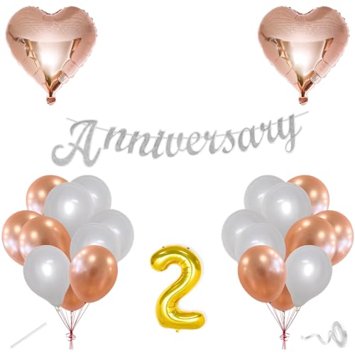 Image of Flyloons 2nd Happy Anniversary Decoration Items Rose Gold White for Men Women Husband Wife Mom Dad Parent Couple Home Bedroom Car With 20 Pcs Metallic Balloons Anniversary Banner 2 Pcs Heart Set Kit
