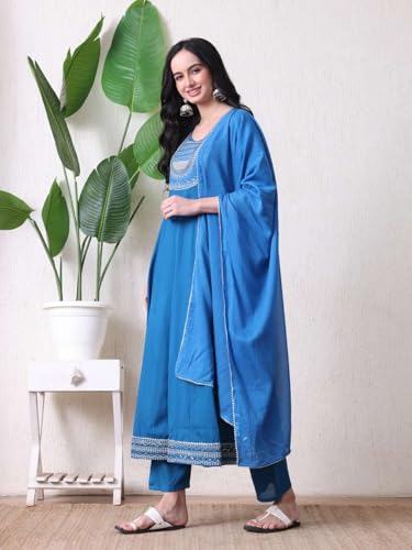 Image of Amazon Brand - Tavasya Women Rayon Straight Kurta Pant Dupatta Set | Embroidered Ethnic Suit Set | Regular Fit Kurta with Pant & Dupatta
