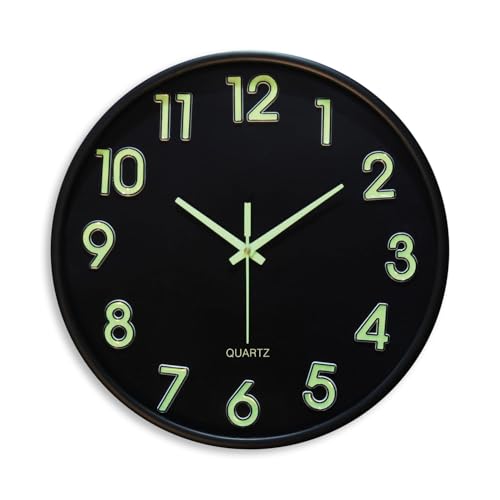 Image of Amazon Brand- Solimo 12-Inch Analog Wall Clock - Luminous Night Glow-in-the-Dark Design, Radium Dial, Silent Non-Ticking Sweep