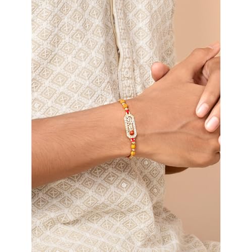 Image of Peora Om Shree Ram Swastik Rakhi for Brother Bhaiya | Crystal & Beads Studded | Red Thread | Raksha Bandhan Hamper with Roli Chawal Greeting Card