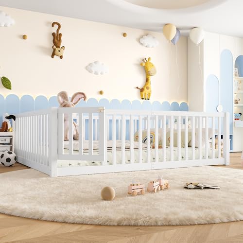 Image of Bellemave Queen Size Kids Montessori Floor Bed with Door,Solid Wood Floor Bed Frame with High Fence for Girls,Boys,White