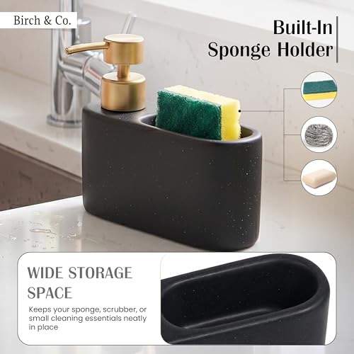 Image of Birch & Co. Kitchen Sink Caddy with 350ml Soap Dispenser, Sponge Holder & Scrubber Storage, Premium Ceramic Dish Soap Dispenser for Kitchen Countertop, Anti-Slip Base, BlackSpeckle