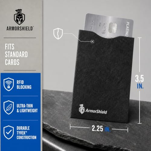 Image of ArmorShield RFID Blocking Sleeves for Credit Cards, 20-Pack Black, USA Made | Blocks unauthorized RFID scans. Slim, waterproof, tearproof. 100% Made in USA.