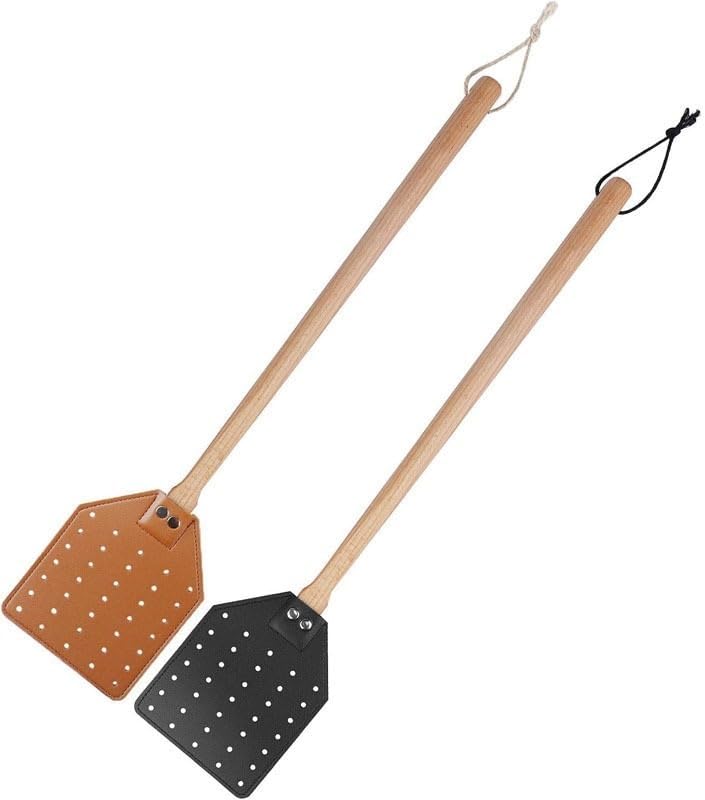 Leather Fly Swatter for Indoors/Outdoors,Duty Flyswatter with Walnut Wood Handle 19.7Inch Long Fly Swatted Manual 2 Pack