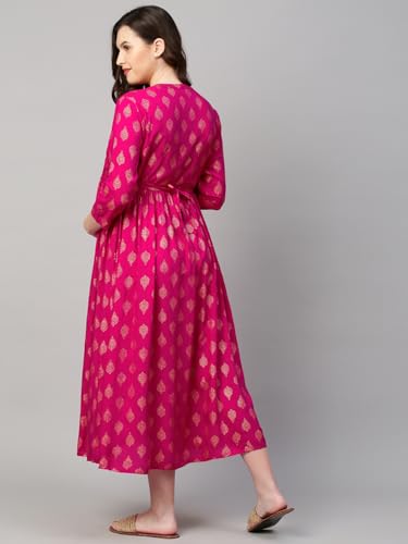 Image of MomToBe Women's Rayon Midi Maternity Dress /Feeding Dress /Pregnancy Dress /A-Line Western Dress with Zippers for Nursing Pre and Post Pregnancy - All Over Print