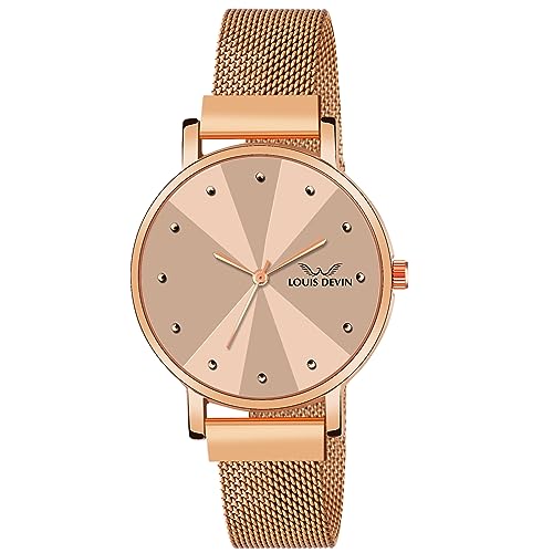 Image of LOUIS DEVIN Rose Gold Plated Mesh Chain Analog Wrist Watch for Women (Blue /Green /Brown /Black Dial) | LD-RG173