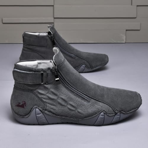 Image of Mens Mid-Top Leather Chukka Ankle Boots with Side Zipper Casual Comfortable Round Toe Non-Slip Flats Loafers for Walking Outdoor Hiking